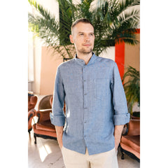 Blue Men`s Linen Band Collar Shirt