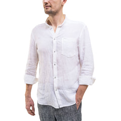 White Men`s Linen Band Collar Shirt