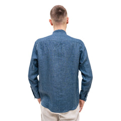 Dark blue Men`s Linen Band Collar Shirt