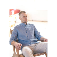 Blue Men`s Linen Band Collar Shirt