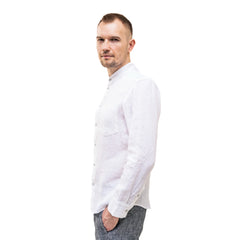 White Men`s Linen Band Collar Shirt