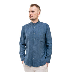 Dark blue Men`s Linen Band Collar Shirt