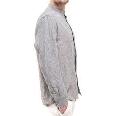 Striped Men`s Linen Band Collar Shirt