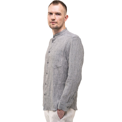 Striped Men`s Linen Band Collar Shirt
