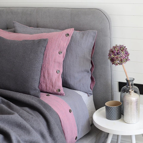 Old Rose/Anthracite Grey 100% Linen Duvet Cover With Buttons