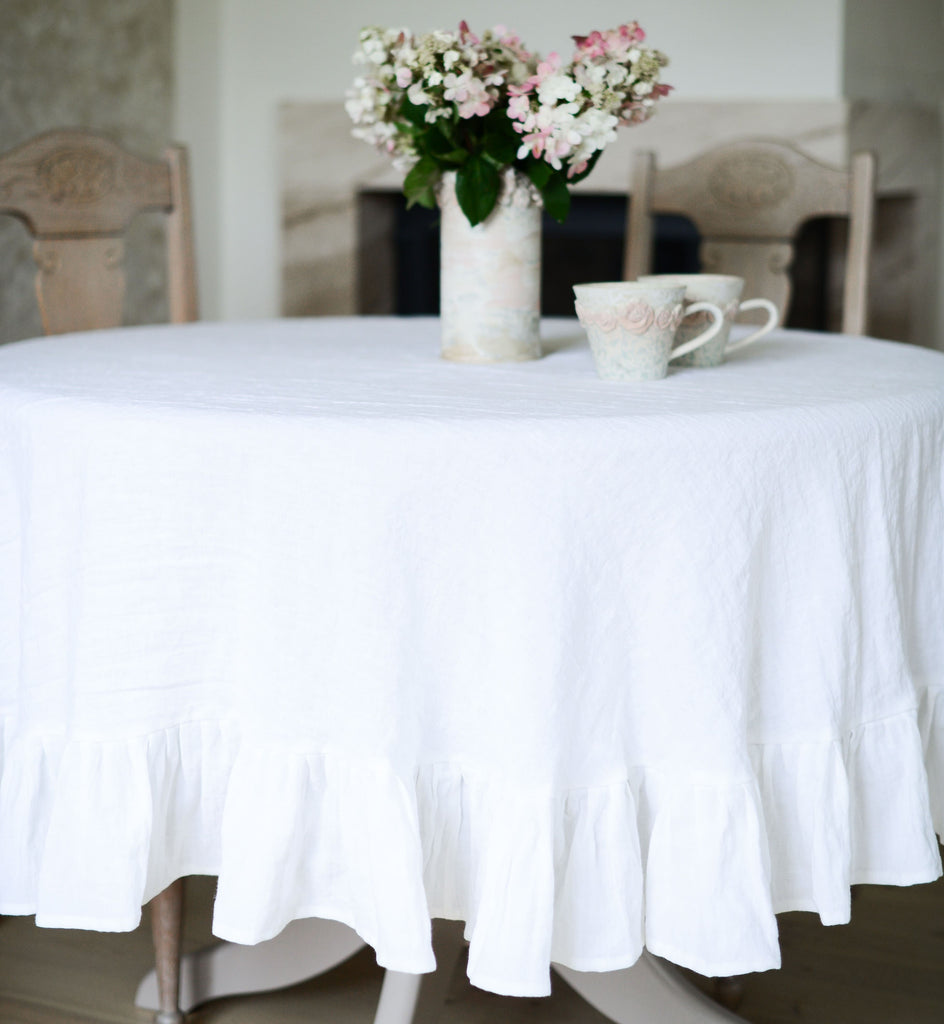 Round Linen Ruffle Tablecloth (white, natural, old rose, gray)